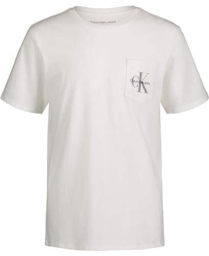 Calvin Klein Boys' Short Sleeve Pocket Logo Crew Neck T-Shirt, Soft, Comfortable, Relaxed Fit, White, 8