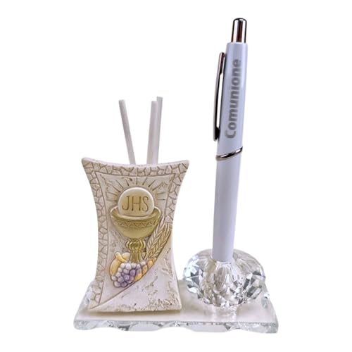 DLM-A726 Bomboniera utile Profumatore con portapenna in cristallo completo di scatola e penna con calice Comunione grappolo uva e spighe di grano portafortuna prodotto in Italia