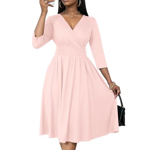 Nmoder Women’s Wrap Dress Cocktail Church Wedding Midi Dress A-Line V Neck 3/4 Sleeve Casual Dresses with Pockets