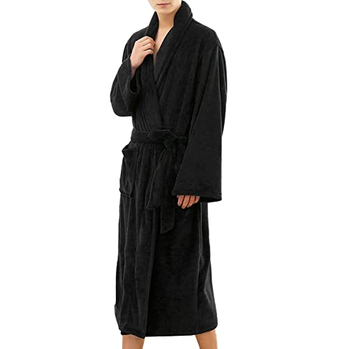Mens Hooded Fleece Robe Plush Long Bathrobes Bath Robe for Men Black XL2