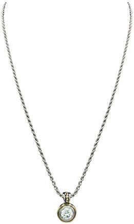 John Medeiros Silver and Gold Tone Necklace with Round Shaped Clear Solitaire Cubic Zirconia 18" Chain April Birthstone Made in America