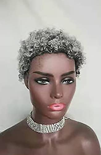 Short Afro Curly Not Human Hair Wigs for Black Women Pixie Cut Kinky Curly Short Wigs 150 percent Density Afro Wig for African American Replacement Wigs Natural 4inch Grey
