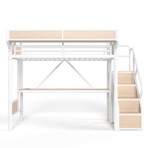 Image of Bellemave Twin XL loft Bed with Storage Stairs, Wardrobe, Shelves, Metal Twin XL Loft Bed Frame for Adults, Kids, Teens, White+Natural Wood with Stairs