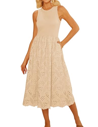 GRACE KARIN Ärmellose Sommerkleider für Frauen Legeres Tankkleid Apricot Midikleid Sonnenkleider mit Taschen Stickerei Apricot M