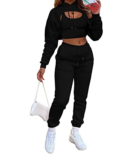 Women's Sexy 3 Piece Tracksuits - Long Sleeve Pullover Crop Top Hoodie +Tank Top+Drawstring Long Pants Sweatsuit