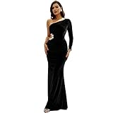 Miss ord Women's Formal Velvet One Shoulder Mermaid Maxi Dress, Bodycon Long Sleeve Cut Out Evening Prom Gown Black