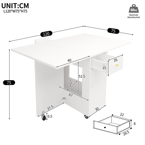 Carrello da cucina pieghevole per 2-4 persone, piano di lavoro mobile con cassetti, vano portaoggetti, carrello da servizio per cucina, MDF bianco, 120 x 75 x 75 cm