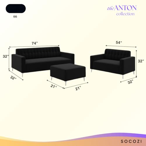Image of SOCOZI Antonia 5 Seater Sofa Set with Ottoman | Soft Velvet Suede Fabric | Modern Design | Plush Comfort Cushions for Living Room (Black)