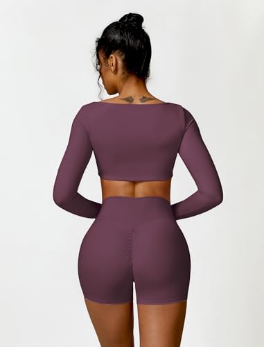 Image of ABOCIW Women Square Neck Long Sleeve Workout Crop Top Low Medium Impact Athletic Yoga Gym Shirts with Built in Bra(ONLY TOP)