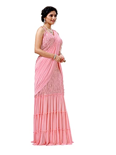 Sari indo en lycra drapé haut de gamme rose pour célébration élégante