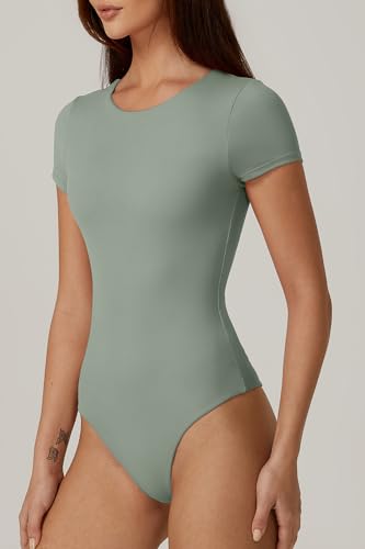Image of QINSEN Women's Crew Neck Short Sleeve Bodysuit Double Lined Body Suits Basic T-shirt Tops
