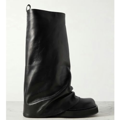 ClassicSter Slouch Fold Over Boots for Women Knee High Moto Boots Low Heel Sloucy Motorcycle Shoes Comfortable Mid Calf Boot3