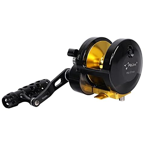 Fiblink Trolling Fishing Reel Boat Fishing Conventional Fishing Reel Aluminum Alloy Body Large Line Capacity Double Brake 55 LBs Max Drag (10000(Right Handed)-Black&Gold) Cover