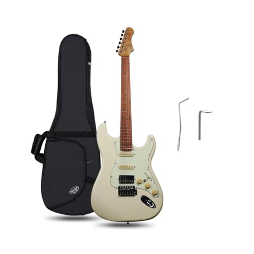 Image of SEST600 HSS Strat Electric Guitar | Roasted Maple Neck | Coil Split Humbucker | 22 Frets | 5-Way Switch | Gloss Finish | Premium Tremolo System | Strat Style Electric Guitar (Vintage white)
