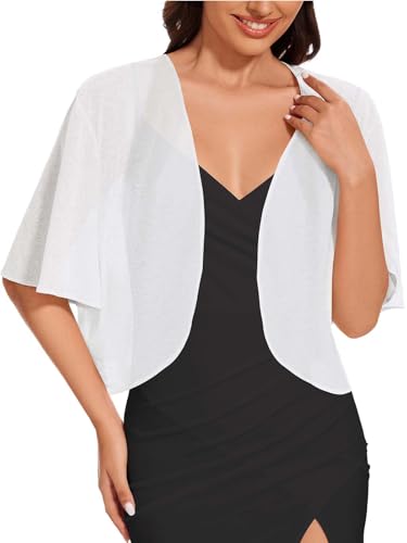 Women Bolero Shrug Cardigan Open Front Cover Up Sheer Short Sleeve Kimonos for Evening Dress(White,L