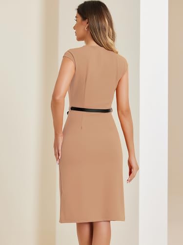Image of Allegra K Business Dress for Women's Work Elegant 2026 Cap Sleeve Belted Office Sheath Dresses