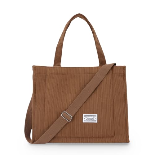 Image of UERRUAM Tote Bag for Women with Compartments,Corduroy Tote for Work Travel College Book Bag Women Purse Handbag Crossbody Bag