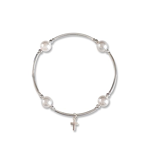 Made As Intended Blessing Bracelet 8mm White Pearl w/Sterling Silver Cross Charm (Standard)