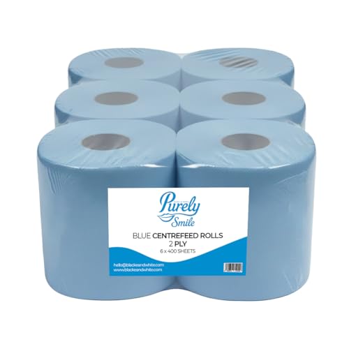 Blake & White Centrefeed Blue Rolls 6 Pack - Purely Smile 2 Ply Tissue Roll for Wiping Surfaces & Drying Hands - 400 Sheets Strong & Ultra Absorbent Blue Roll | PS1214
