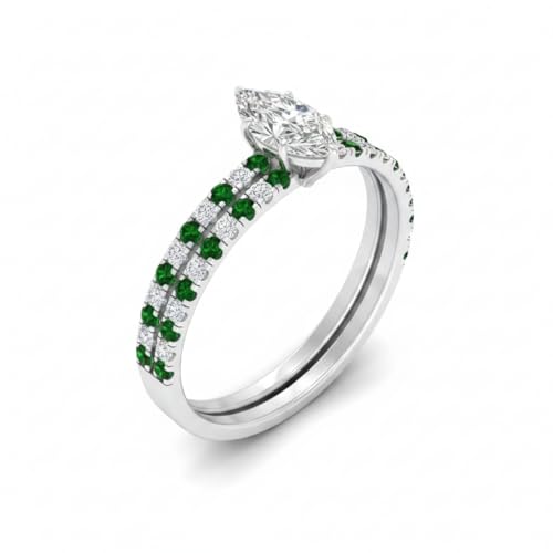 Image of Choose Your Gemstone Three Quarter Diamond CZ Gallery Bridal Ring Set 925 Sterling Silver Marquise Shape Wedding Ring Sets for WomenUS Size 4 to 12