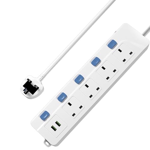 Extension Lead with 2 USB Slots, 4 Way 13A Extension Socket with Individual Switches, 2m Long Cable Multi Plug Socket, Wall Mountable Outlets Power Strips Extension Cords, Overload Protection