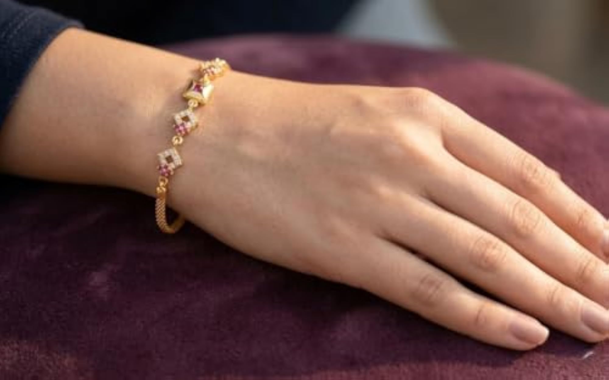 Women's Geometric Golden Ruby CZ Bracelet, Brass Copper Alloy