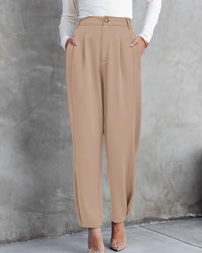 Women's 2025 Casual Button Down Pants Elastic High Waist Business Work Trousers Long Straight Slacks with Pockets3