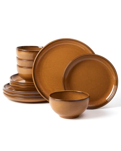 Image of Pokini Stoneware Dinnerware Sets for 4, 12pcs Plates and Bowls Sets Dishes