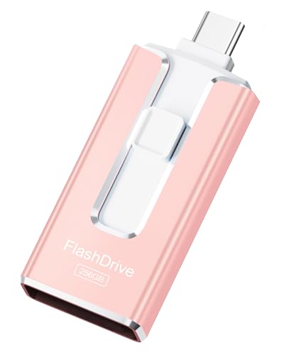 MFi Certified 256GB Flash Drive for iPhone, 3 in 1 Type-C USB Memory Stick Thumb Drive for Photos Videos, High Speed External Memory Storage Photo Stick for iPhone iPad Android PC (Rose Pink)