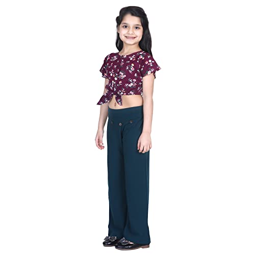 Image of LILPICKS Girls' Cotton Knot Floral Top with Polyester Stretchable Pant Set (Wine & Teal Green)