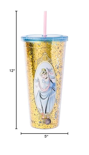 Image of Silver Buffalo Disney Princess Cinderella, Plastic Cold Cup, 32oz | Confetti, Includes Lid and Straw, 0.95 Liters