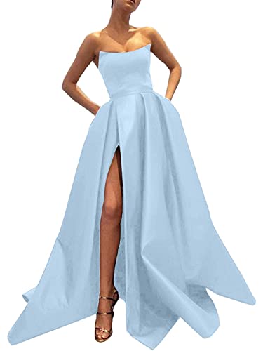 MllesReve Womens Long Strapless Satin Prom Dress Sleeveless Slit Evening