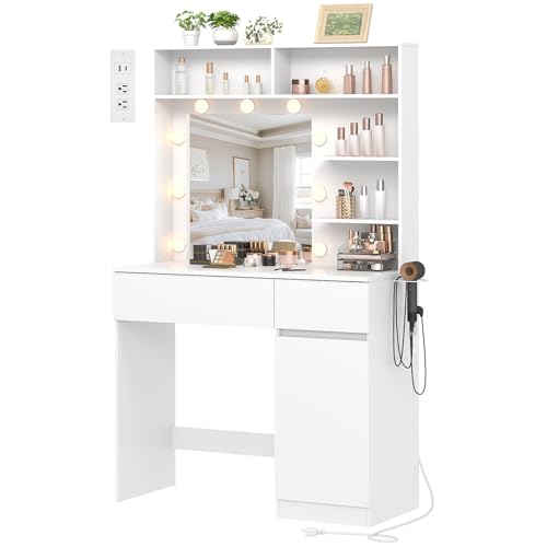 Image of Vanity Desk with Mirror, White, for Small Spaces and Bedrooms