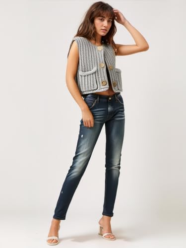 Image of Women's Sleeveless Chunky Knit Cardigan V-Neck Button Down Vest Casual Loose-Fitted Crochet Sweater with Pockets 2024