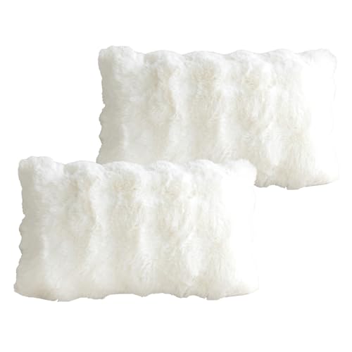 Ausing - Lot de 2 housses de coussin en fausse fourrure, couleur blanche, 30 x 50 cm, unie, décoration moderne