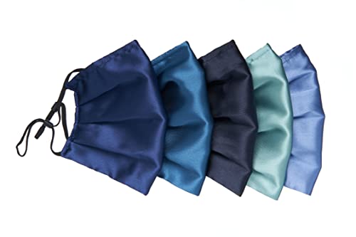 Habac Studio Pack of 5 Satin Silk Face Masks, Face Masks Washable UK, Reusable Face Mask, Mens Face Mask, Masks for Women, Silk Face Covering, Nose Wire, Adjustable, UK Seller (Blues)