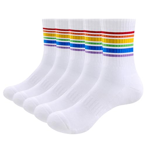 Image of YUEDGE Women's Striped Cushioned Crew Socks, Moisture Wicking Cotton Casual Athletic Socks For Gym Tennis Running Daily