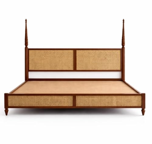 Image of JANGHU FURNITUREWALA Wooden /Rattan /Cane /Poster Queen Size Bed Without Storage -Sheesham Wood -King Cot -Palang -Bed Stylish Bedroom Furniture /Hotel Furniture(Ciao Bella, Honey Finish) Rattan /Cane Bed