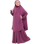 Kids Girls Muslim Islamic Two-piece Outfits Lace Long Sleeve Hijab Dress Abaya and Loose Skirt Fu...