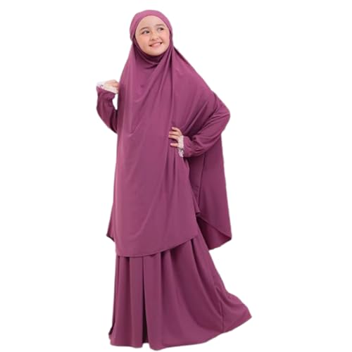 Image of Kids Girls Muslim Islamic Two-piece Outfits Lace Long Sleeve Hijab Dress Abaya and Loose Skirt Full Cover Kaftan