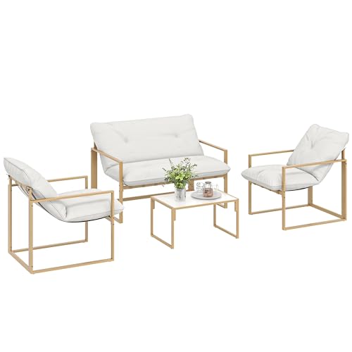 Outsunny Salon de Jardin extérieur 4 pièces avec Coussins Ultra-épais 15cm - Ensemble mobilier de Jardin et Salon Bas pour terrasse - canapé 2 Places avec Table...