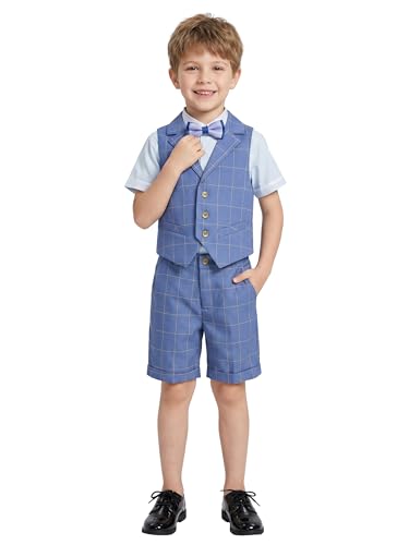 Image of LOLANTA Boys 4PCs Summer Suits, Short Suit Set for Wedding Ring Bearer Outfits Dress Clothes Vest Shirt Shorts Bow Tie
