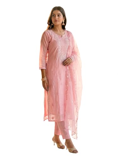 Image of INDO ERA Women's Silk Blend Embroidered Thread Work Kurta & Pant with Dupatta Set | Suit Set For Women