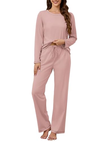 Image of KCW Womens Pajamas Sets 100% Cotton 2 Piece Lounge Set Long Sleeve Tops and Pants Soft Pjs Sleepwear with Pockets