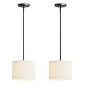 Electro bp;9" Dia White Linen Drum Shade Hanging Pendant Light Fixture with Black Pole Kit,E26,Hardwired,2-Pack;