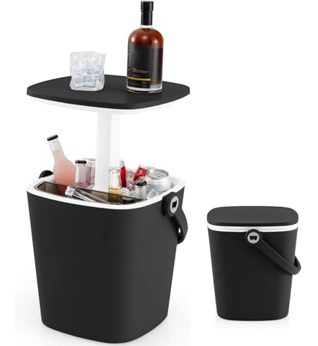 TANGZON 15L Ice Bucket Table Side Table Beer Cooler with Telescopic Tabletop All-Weather Outdoor Coffee Cocktail Tables for Backyard Party Poolside