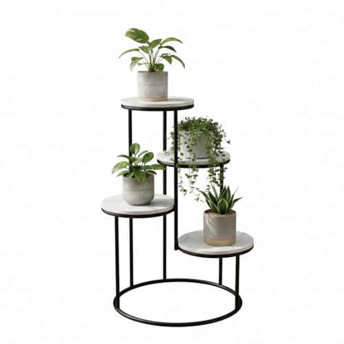 Image of Modern 4-Tier Plant Stand Indoor Metal & Wood | 60 cm Tall Multi-Level Flower Pot Stand | Heavy Duty Corner Plant Rack for Living Room, Balcony, Garden | Decorative Plant Holder for Indoor Use (White Black)