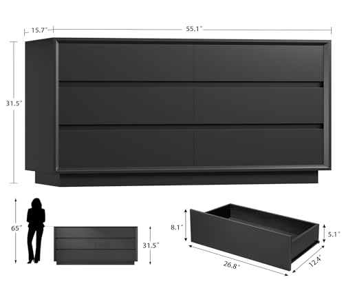 Image of TEENFON 55 inch Dresser for Bedroom with 6 Drawers, Black Dresser with Metal Slide, Bedroom Dressers, Wood Dressers & Chests of Drawers for Bedroom, Hallway, Black
