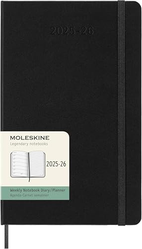 Moleskine Weekly Planner 2025-2026, Agenda Semanal 18 Meses Con Espacio para Notas, Tapa Dura y Cierre Elástico, Formato Grande 13 x 21 cm, Color Negro
