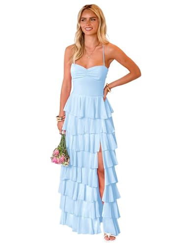 POMUYOO Chiffon Bridesmaid Dresses Long Spaghetti Straps Tiered A-Line Formal Evening Party Gowns with Slit